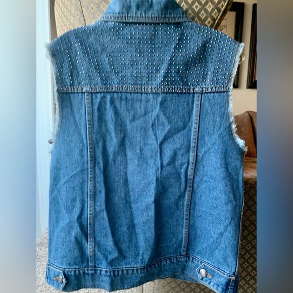 VOCAL USA BLUE Cotton Crystal Studded Raw Edge Button Down Denim Vest NWOT SZ L - Picture 5 of 17